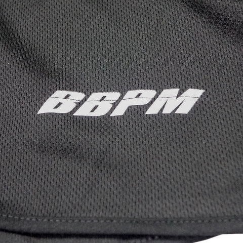 Close-up of the logo on the Black BBPM Men’s Athletic Shorts