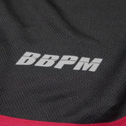 Close-up of the logo on the Black and Red BBPM Men’s Athletic Shorts